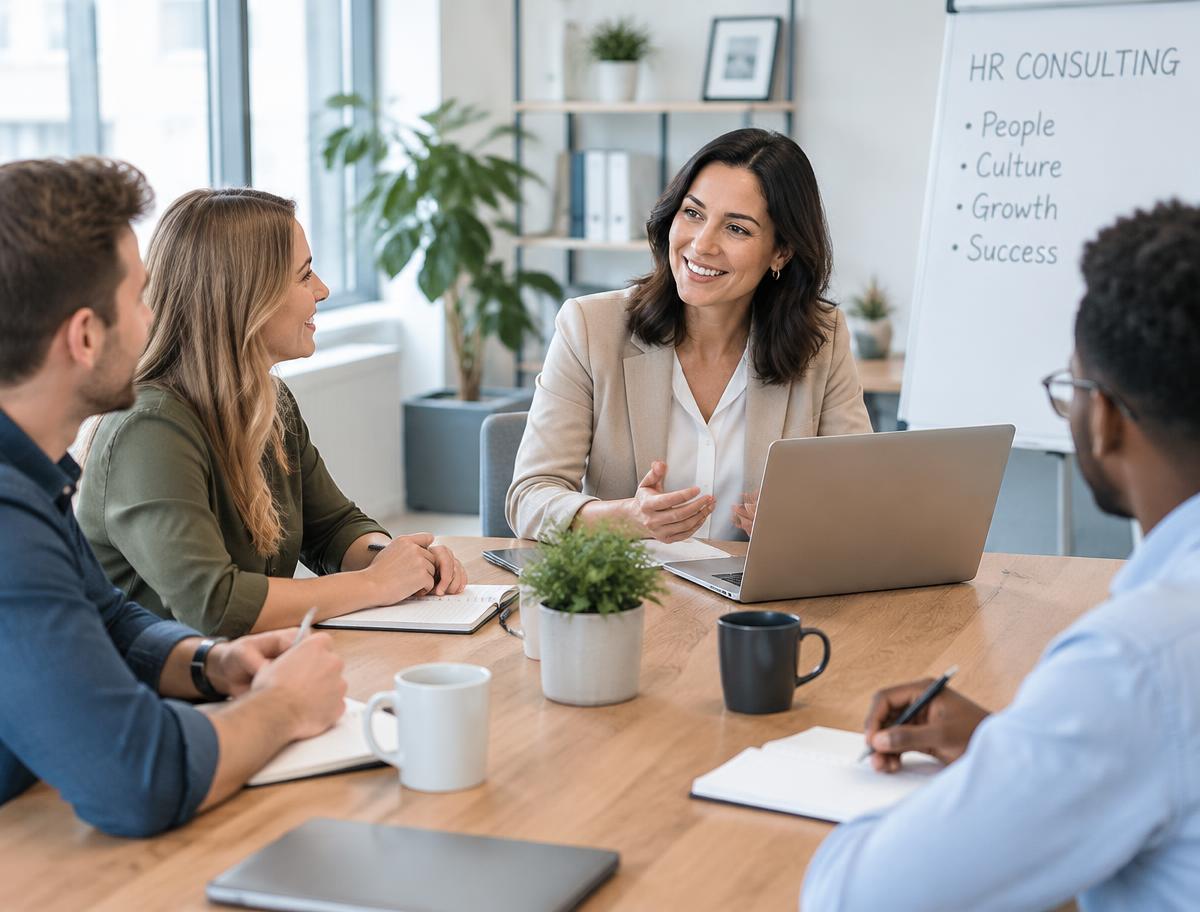 Consultora conversando con un equipo de trabajo